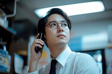 A focused business man using a smartphone in an office setting.