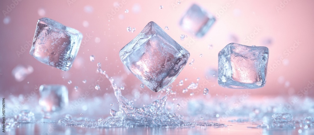 Poster frozen cubes suspended in air with water droplets creating a refreshing and cool atmosphere on a pin