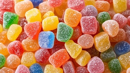 Close-up of colorful fruit gummy candies creating a vibrant and tempting sugary background.