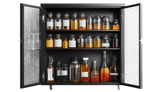 A chemical storage cabinet filled with safely organized reagent bottles on a transparent background 