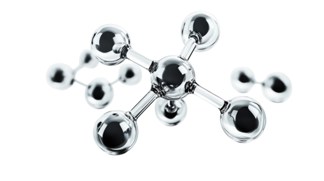 A detailed chemical structure model with 3D molecular bonds on a transparent background 