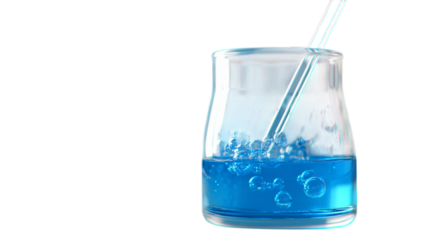 A glass stirring rod inside a beaker of blue liquid, gently mixing the solution on a transparent background