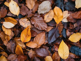 Autumnal Serenity A Captivating Overhead View of Fallen Leaves in Rich Browns and Yellows Creating a Natural Mosaic of Seasonal Beauty and Organic Texture