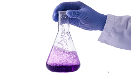 A scientist?s hand swirling a glass flask filled with a bubbling purple substance on a transparent background 