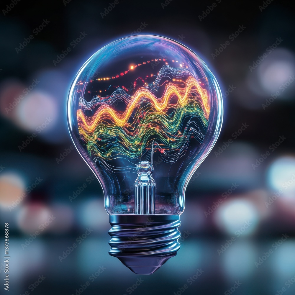 Poster abstract image of a lightbulb with colorful data graphs inside, set against a blurred city lights ba