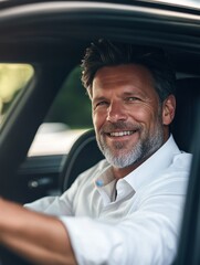 Smiling man in white shirt behind wheel of high-end sedan, sunshine through window