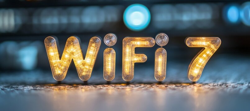 Illuminated Wifi 7 Sign on Technology Background, Symbolizing Fast Internet Connection Speed - Powered by Adobe