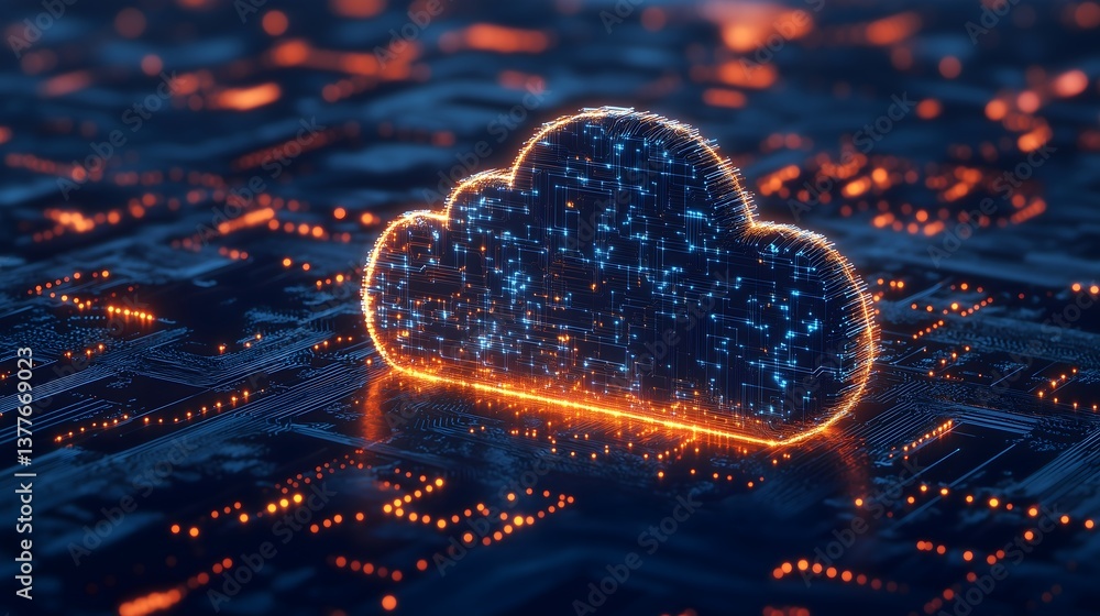 Poster cloud computing: a neon-lit cloud hovers over a circuit board, representing the interconnected natur
