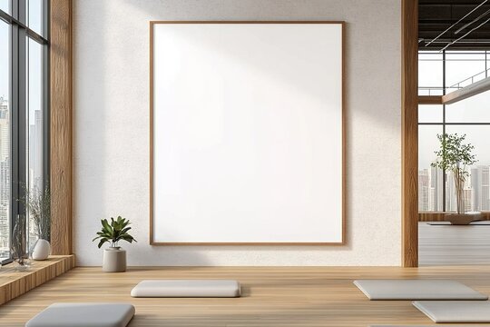 Blank poster mockup in modern yoga studio interior. 3D Rendering
