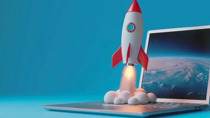 A vibrant conceptual image of a rocket launching from a laptop, symbolizing innovation and creativity in technology.