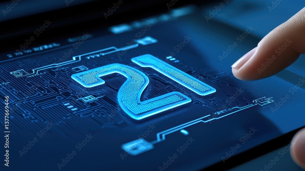 Poster hand interacting with digital tablet displaying number 21, a glimpse into modern technology