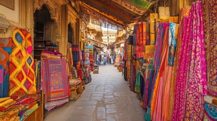 Obraz premium Vibrant colors fill the market as shoppers browse through stalls adorned with rich textiles and traditional handicrafts. The historic atmosphere enhances the shopping experience