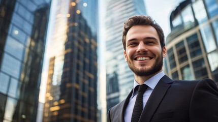 A young man dressed in a formal suit stands outside in an urban area, showcasing a relaxed and happy demeanor against a backdrop of impressive modern skyscrapers