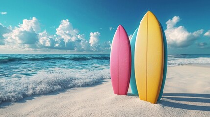 Three surfboards are on the beach, with one of them being pink