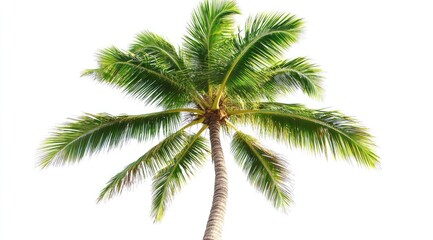 Lush tropical palm tree against a bright white background.  Healthy green fronds extend outward from a strong central trunk