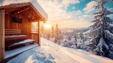 Fototapeta premium A cozy wooden cabin sits on a snowy mountain slope, surrounded by pine trees. The sun sets, casting a warm glow over the tranquil winter landscape, creating a serene atmosphere