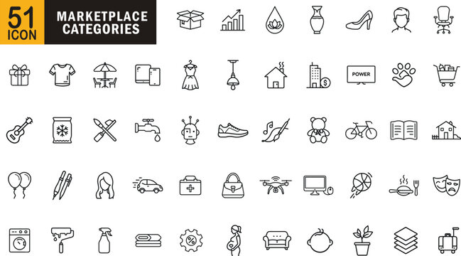 Marketplace categories editable outline icon set. Shopping, business, fashion, home, technology and more.