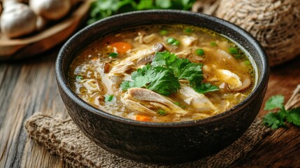 A steaming bowl of homemade chicken soup showcases tender chicken, colorful vegetables, and fresh herbs. Perfect for a cozy dinner at home on a chilly evening