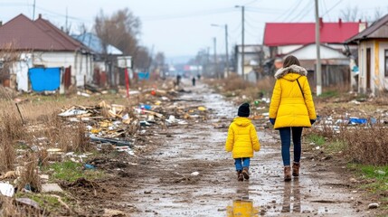 Mother and Child Walking in Yellow Raincoats Along a Muddy Street in a Suburban Neighborhood