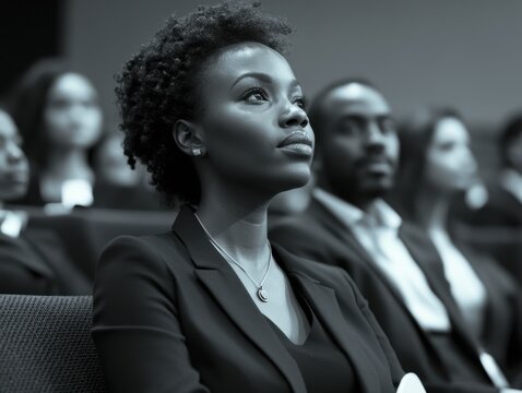 A professional African-American woman in a business suit, sitting and listening intently to speakers during a corporate event or conference.
