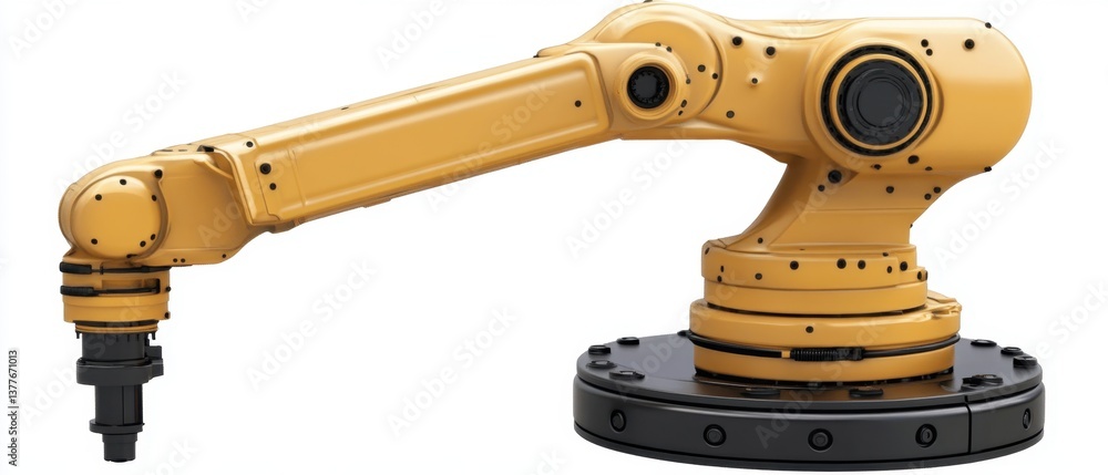 Poster robotic arm in yellow and black on a white background industrial automation machine for manufacturin