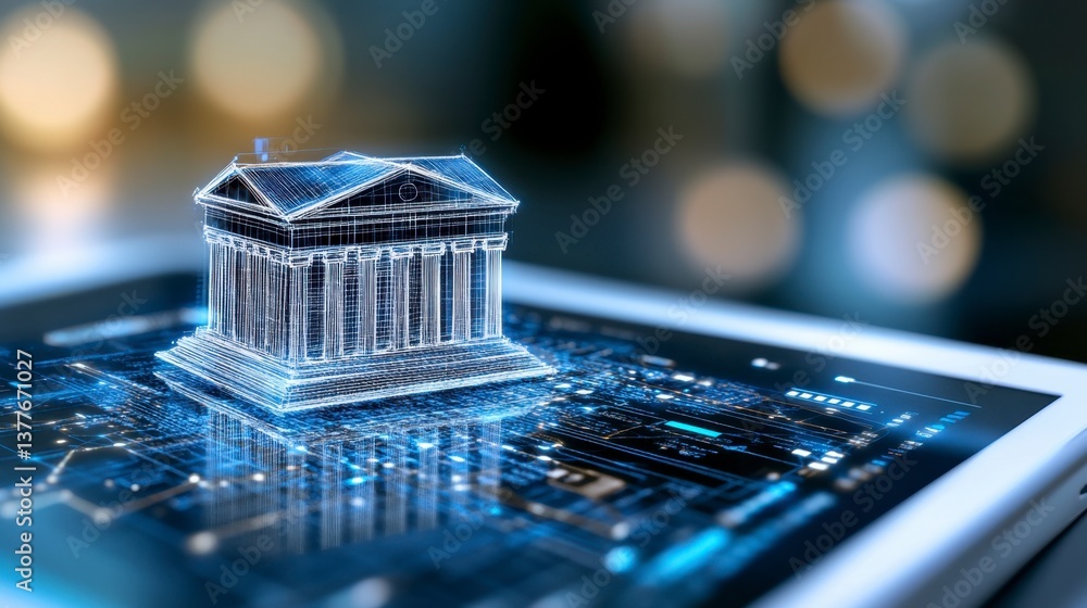 Poster digital rendering of a classical building model on a tablet screen, illuminated with blue light. the