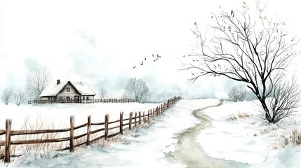 A serene winter landscape featuring a cozy cabin, snowy terrain, bare trees, and birds flying overhead, evoking a peaceful and tranquil atmosphere.