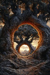 Obraz premium Circular Opening of Old Textured Tree Framing Distant Mountain Range Under Gold Light
