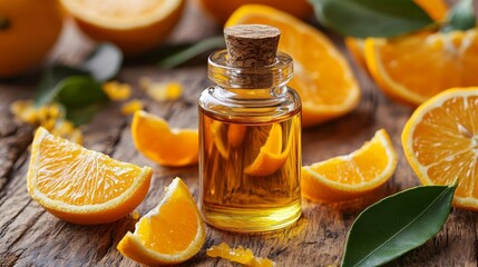 Citrus Essential Oil Aromatic Essence, Fresh and Zesty. Small Glass Bottle with Orange Slices.