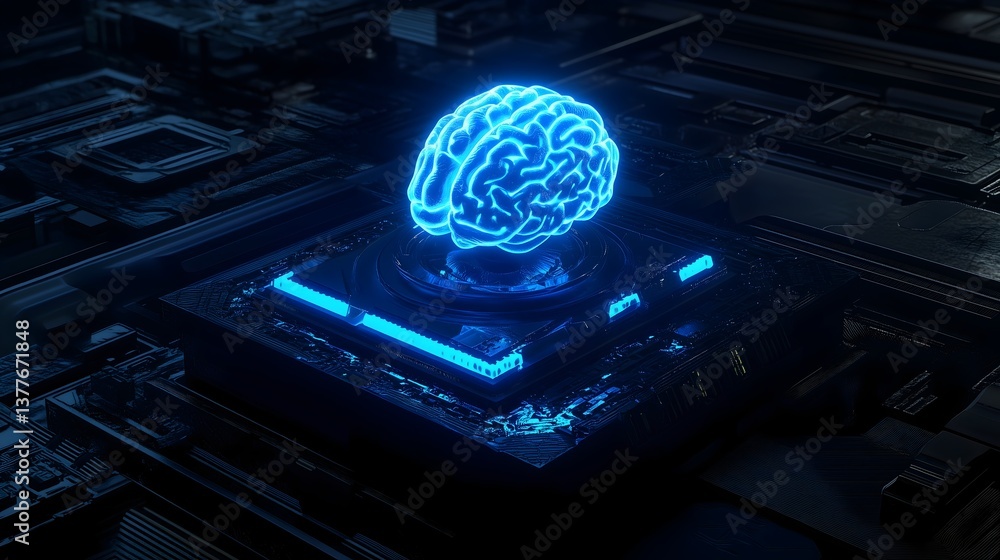 Poster digital brain: an ethereal glowing brain superimposed over a microchip, symbolizing the cutting-edge