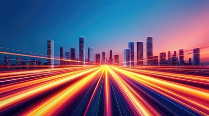 Motion blur city featuring futuristic technology and digital panorama concept. Streaks of light illuminate a city skyline at twilight.