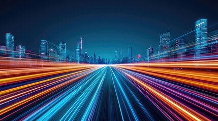 Motion blur city featuring futuristic technology and digital panorama concept. A vibrant cityscape showing light trails on a busy road at night.
