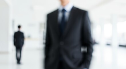 Abstract blurred image of two businessmen in dark suits in a bright environment