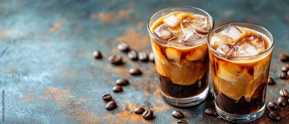 Poster refreshing iced coffee beverages with ice cubes and coffee beans on a textured blue surface creating