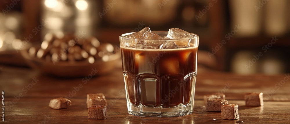 Aufkleber iced coffee with chocolate on a wooden table with a blurred background creating a warm and inviting 
