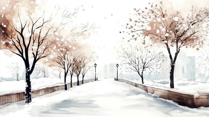 Fototapeta premium A serene winter landscape featuring snow-covered paths, bare trees, and gentle falling snowflakes, creating a peaceful atmosphere.