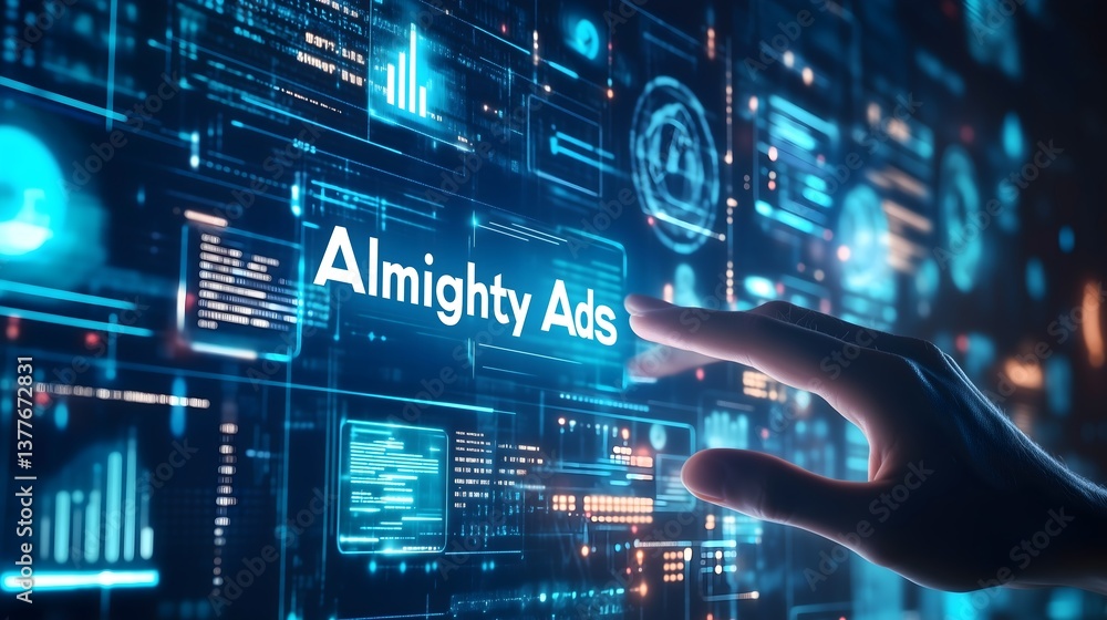 Poster navigating digital realms: a futuristic hand interacts with a high-tech interface showcasing digital