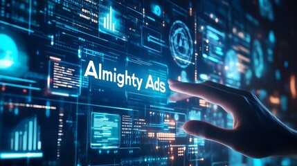 Fototapeta premium Navigating Digital Realms: A futuristic hand interacts with a high-tech interface showcasing digital marketing prowess. Explore the cutting-edge world of data visualization and innovation
