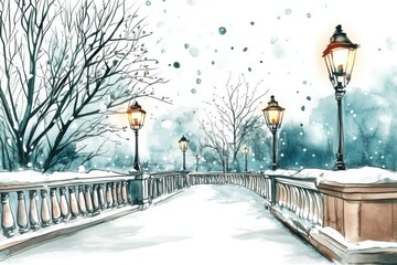 A serene winter scene featuring a snow-covered bridge illuminated by street lamps, surrounded by bare trees under a snowy sky.