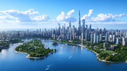Fototapeta premium Aerial view of a futuristic city skyline on a sunny day, featuring skyscrapers, a waterfront with green parks and islands, and boats on the water.