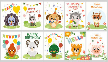 Cute Farm Animals Greeting Cards Set, adorable greeting cards featuring farm animals in a cute, cartoon style