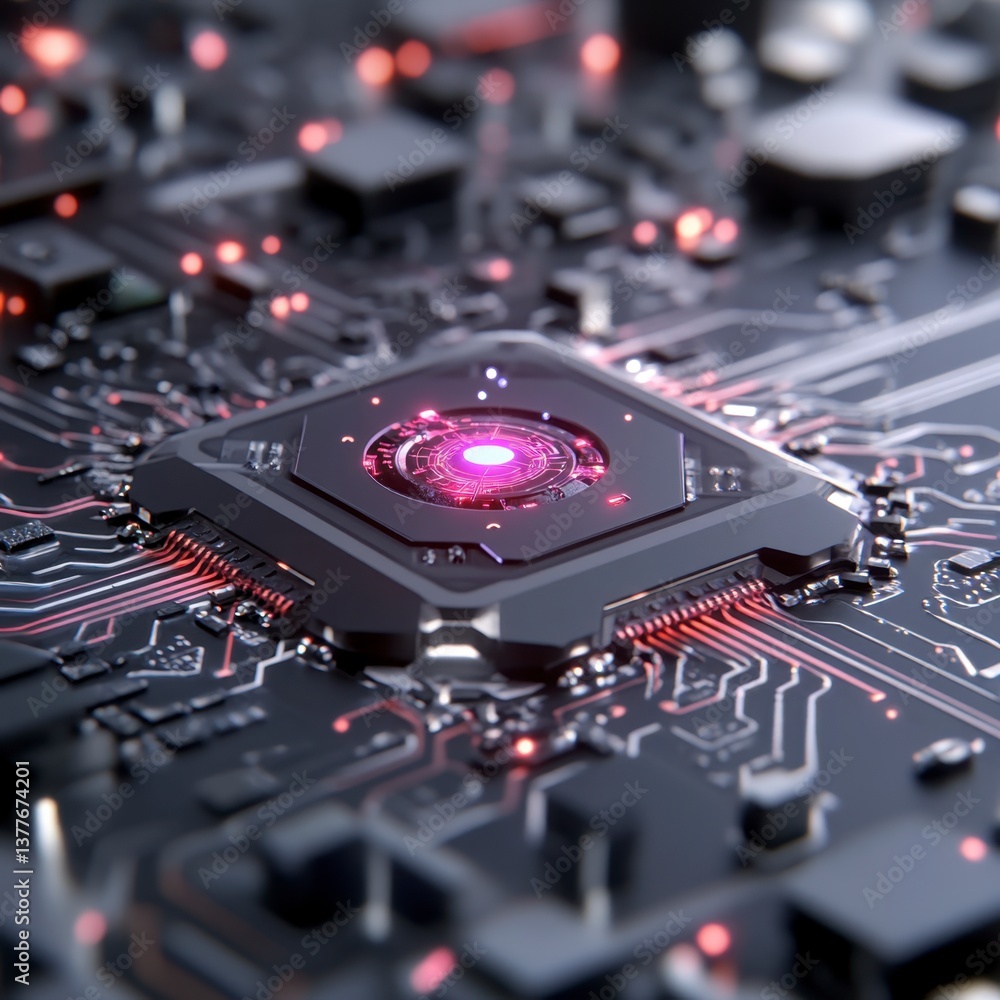 Poster close up view of a futuristic microprocessor with glowing pink core, intricate circuitry, and dark m