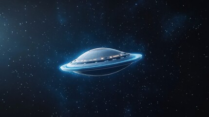 Futuristic spaceship, sleek silver design, glowing blue lights, dark space background, digital art, sci fi, interstellar travel.