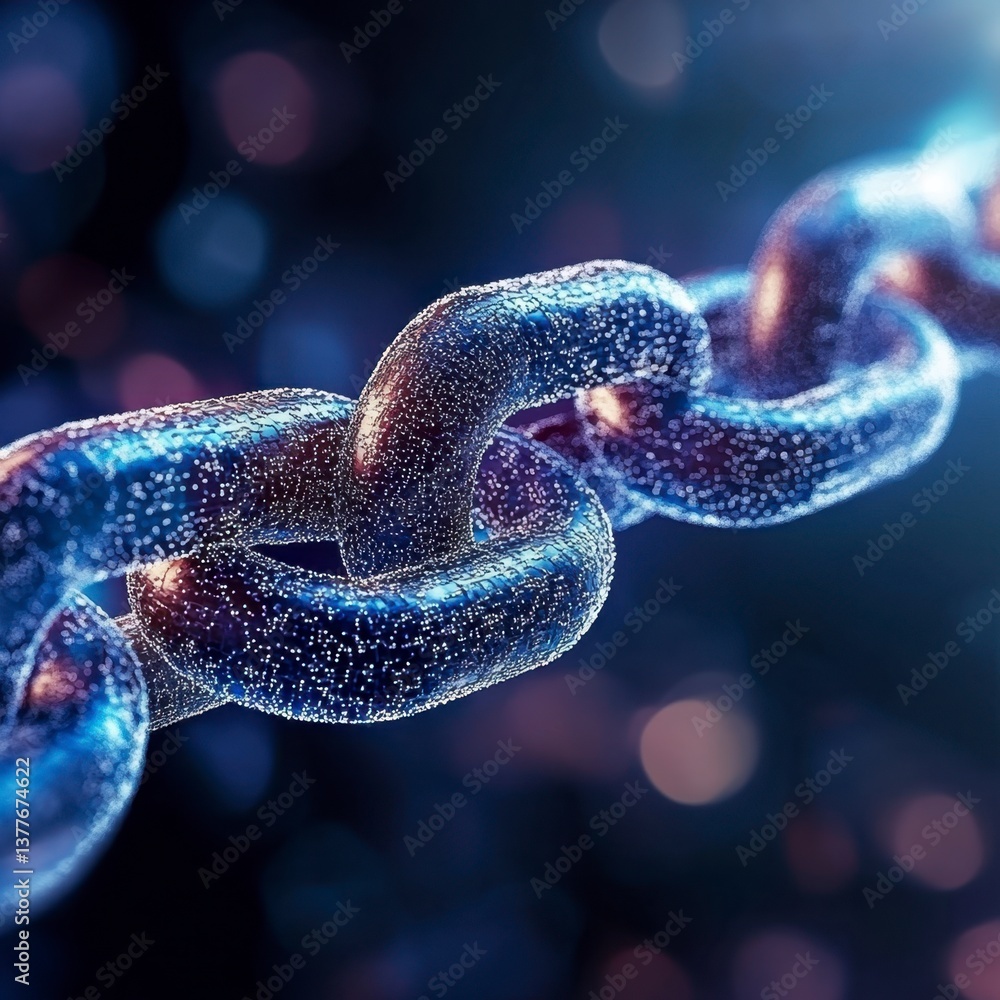 Poster abstract digital chain made of glowing particles, dark background with bokeh effect. blue and orange