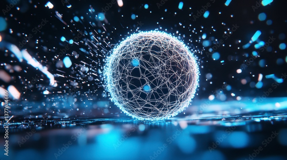 Aufkleber abstract glowing sphere with light trails and particles on a dark background. futuristic digital art