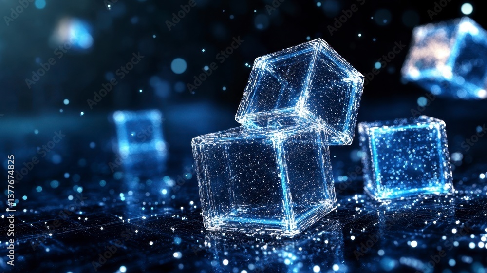 Aufkleber abstract image of glowing blue cubes, composed of tiny particles of light, on a dark reflective surf