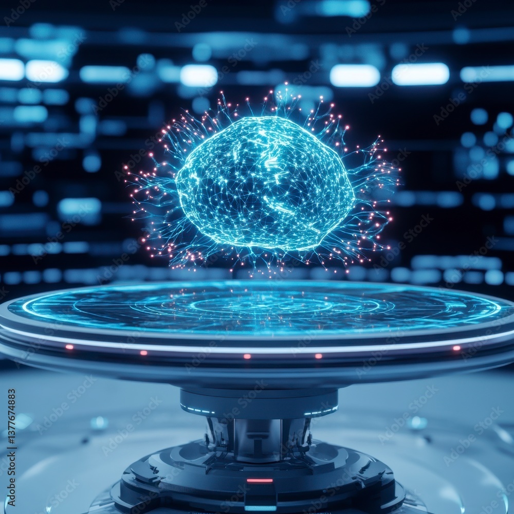 Poster futuristic digital globe levitating above a circular platform with glowing blue lines and red accent