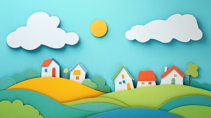 whimsical storytelling papercut Colorful paper houses on a vibrant landscape nature-inspired paper art