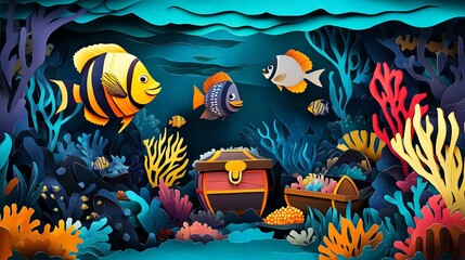 whimsical storytelling papercut Colorful underwater scene with tropical fish. nature-inspired paper art
