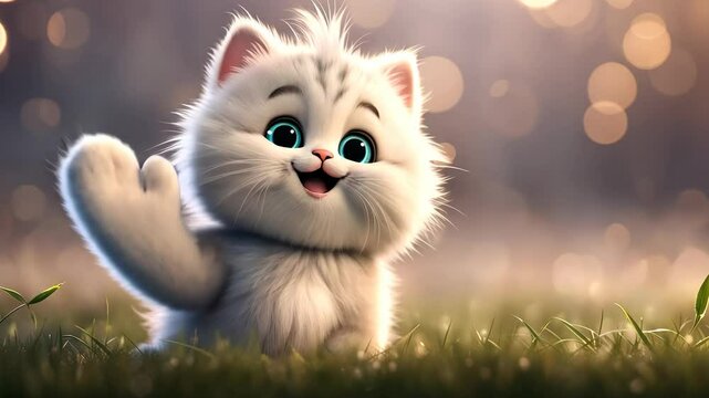 Cute kitty waving paw on blurred bokeh background